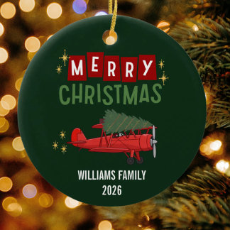Lustiges Foto von Vintage-Flugzeug und Weihnachtsb Keramik Ornament