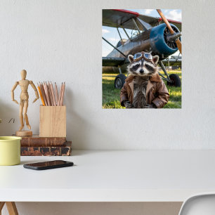 Lustiges Foto von Waschbären-Piloten-Flugzeug Weih Poster