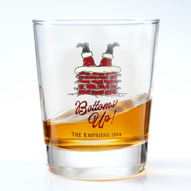 Lustiges Frohe Weihnachten Santa Rutsch runter Fre Schnapsglas (Funny Christmas shot glass with Santa’s legs upside down in a chimney and text reading Bottoms Up)