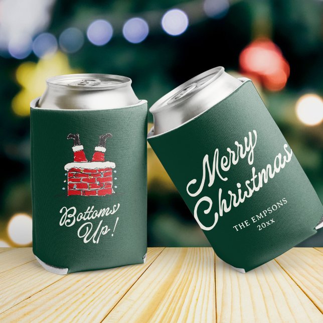 Lustiges Frohes Weihnachten Santa Bottoms Up Frien Dosenkühler (Green Christmas can cooler with Santa’s legs upside down in a chimney and text reading Bottoms Up.)