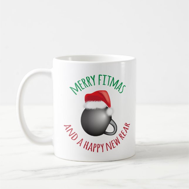 Lustiges fröhliches Fitmas und glückliche neue Kaffeetasse (Links)