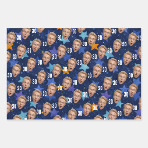 Lustiges Gesicht Personalisiertes Foto Blau Party  Geschenkpapier Set
