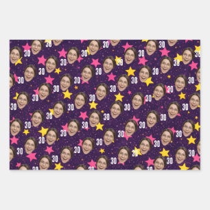 Lustiges Gesicht Personalisiertes Foto Rosa Party- Geschenkpapier Set