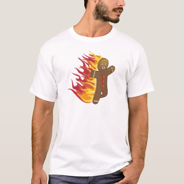 Lustiges Gingerbreadman auf Feuer T-Shirt (Vorderseite)