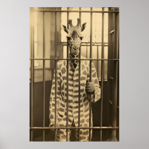 Lustiges Giraffen-Gefängnis-Druck Vintage-Tierfoto Poster
