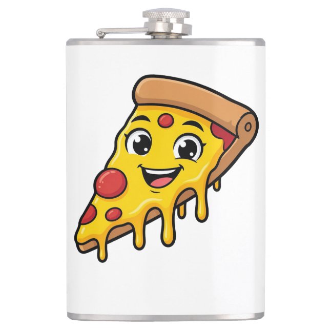 Lustiges glückliches Pizzastück mit dehnbarem Käse Flachmann (Vorderseite)