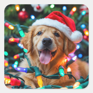 Lustiges Golden Retriever-Weihnachtsdesign – Welpe Quadratischer Aufkleber