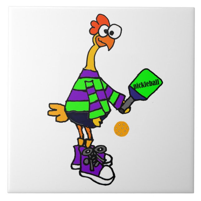 Lustiges Gummihuhn, das Pickleball spielt Fliese (Vorderseite)