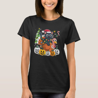Lustiges HalloDankMas Schwarze Katzen-Santa-Mütze T-Shirt