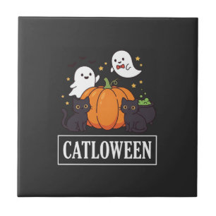 Lustiges Halloween-Katz-Geist-Kürbis-Design Catlow Fliese