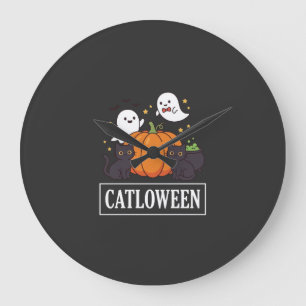 Lustiges Halloween-Katz-Geist-Kürbis-Design Catlow Große Wanduhr