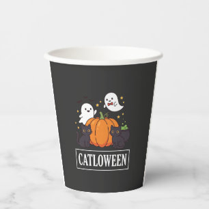 Lustiges Halloween-Katz-Geist-Kürbis-Design Catlow Pappbecher