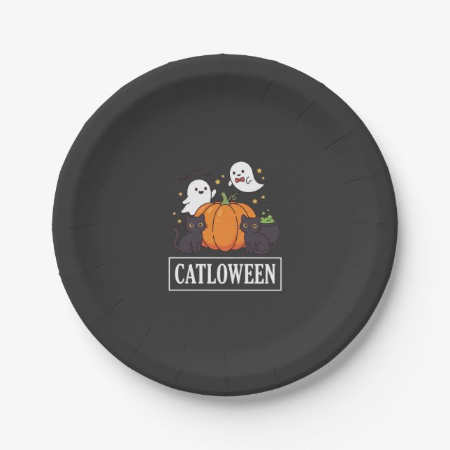 Lustiges Halloween-Katz-Geist-Kürbis-Design Catlow Pappteller (Vorderseite)
