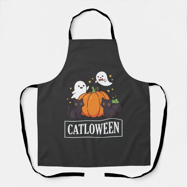 Lustiges Halloween-Katz-Geist-Kürbis-Design Catlow Schürze (Vorderseite)