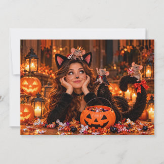 Lustiges Halloween-Katzenkostüm und Mäusekarte Feiertagskarte