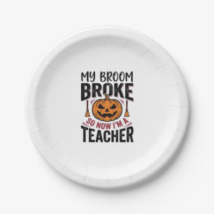 Lustiges Halloween-Lehrer-Besenginster-Vektor-Desi Pappteller
