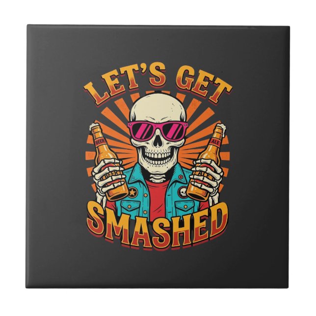 Lustiges Halloween-Skelett-Bier-Zerstörtes-Design_ Fliese (Vorderseite)