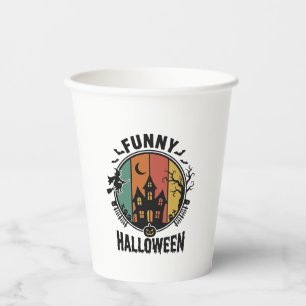 Lustiges Halloween Spukhaus Vintage Vektor Design Pappbecher