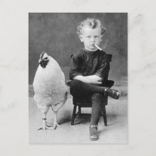 Lustiges Huhn mit rauchendem Kind Vintage-Foto Postkarte