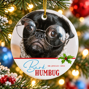 Lustiges Hunde-Foto-Bellen-Humbug-Weihnachtsgesche Keramik Ornament