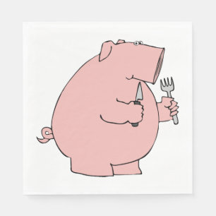 Lustiges hungriges Schwein, das Gabel und Messer h Serviette