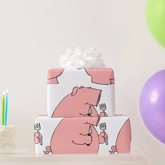 Lustiges hungriges Schwein hält Gabel und Messer Geschenkpapier (Von Creator hochgeladen)