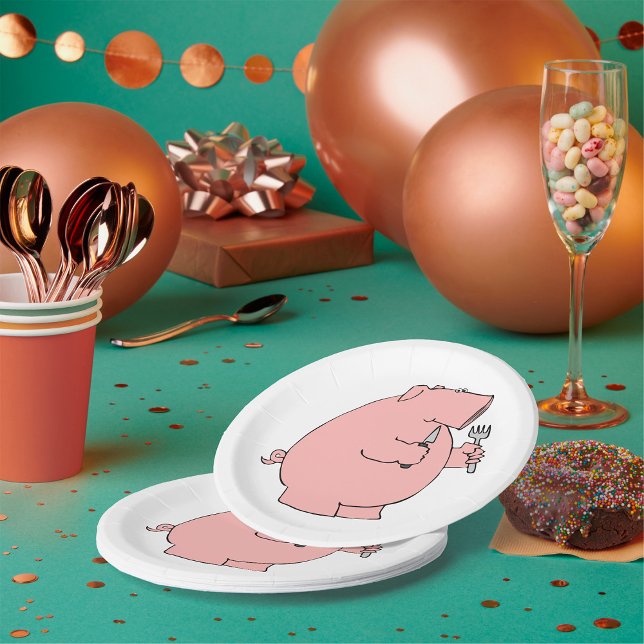 Lustiges hungriges Schwein hält Gabel und Messer Pappteller (Von Creator hochgeladen)