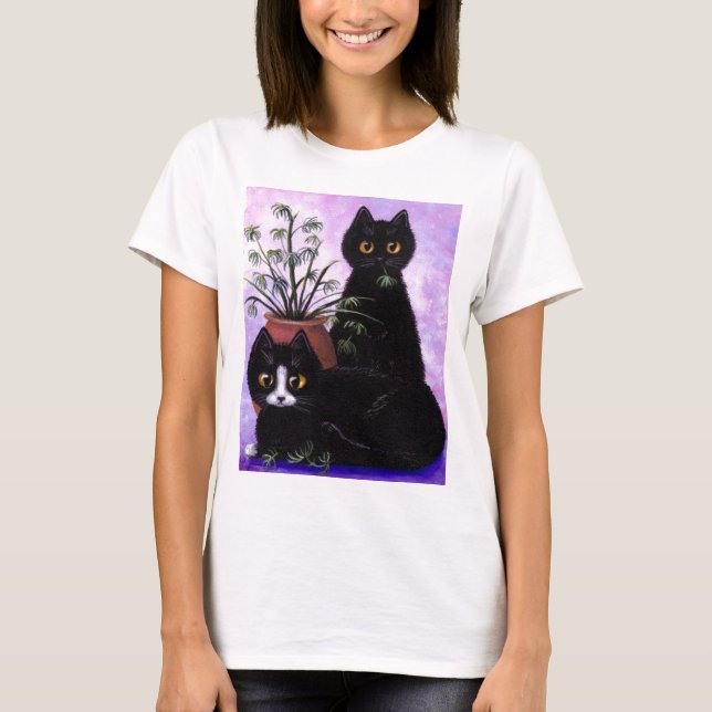 Lustiges Katzen-Kunst-Schwarz-Smoking Creationarts T-Shirt (Vorderseite)