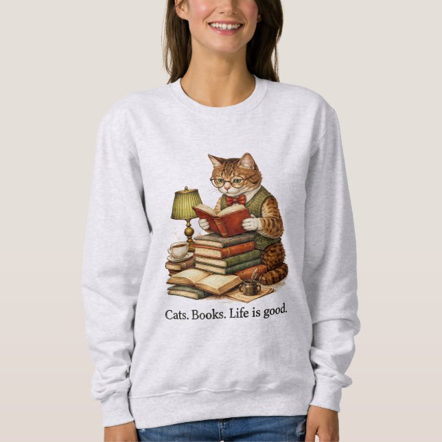 Lustiges Katzen-Lesebuch-Sweatshirt – Retro-Design Sweatshirt (Vorderseite)