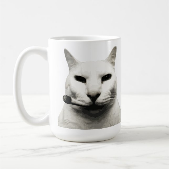 Lustiges Katzen-Meme rauchende Katze Zigarette Kaffeetasse (Links)