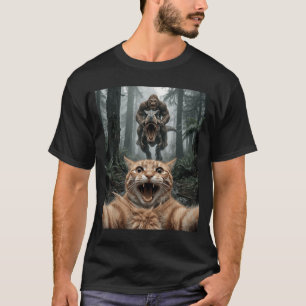 Lustiges Katzen-Selfie Bigfoot Reitet T Rex Waldja T-Shirt