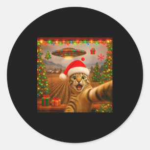 Lustiges Katzen-Selfie mit Alien-Ufo-Weihnachtslic Runder Aufkleber
