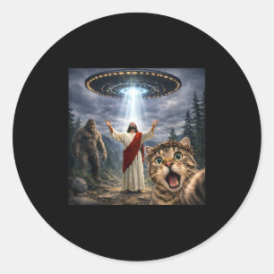 Lustiges Katzen-Selfie mit Bigfoot-UFO und Jesus-O Runder Aufkleber