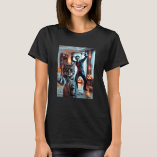 Lustiges Katzen-Selfie mit Skelett Gruseliges Hall T-Shirt