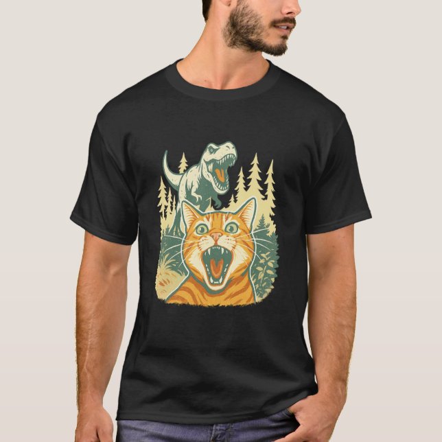 Lustiges Katzen-Selfie mit T-Rex-Dinosaurier T-Shirt (Vorderseite)