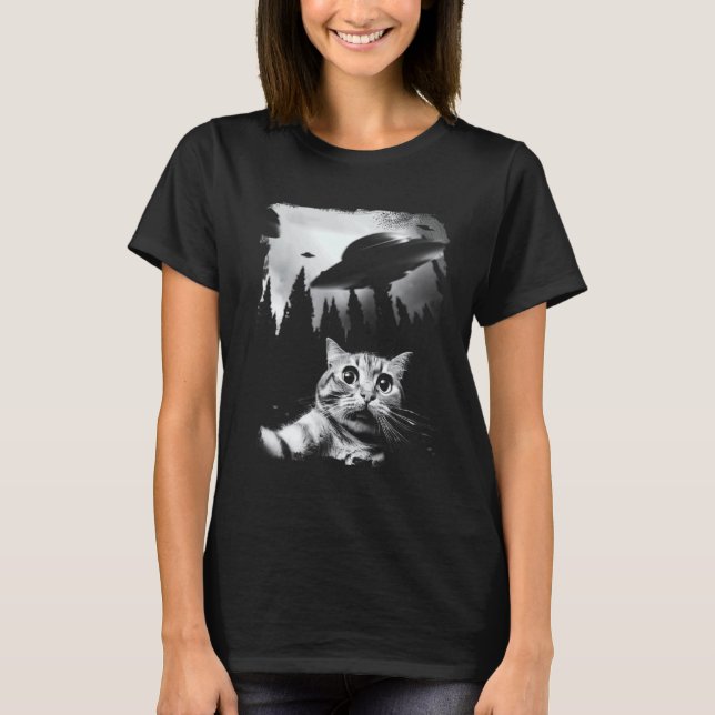 Lustiges Katzen-Selfie mit UFOs T-Shirt (Vorderseite)