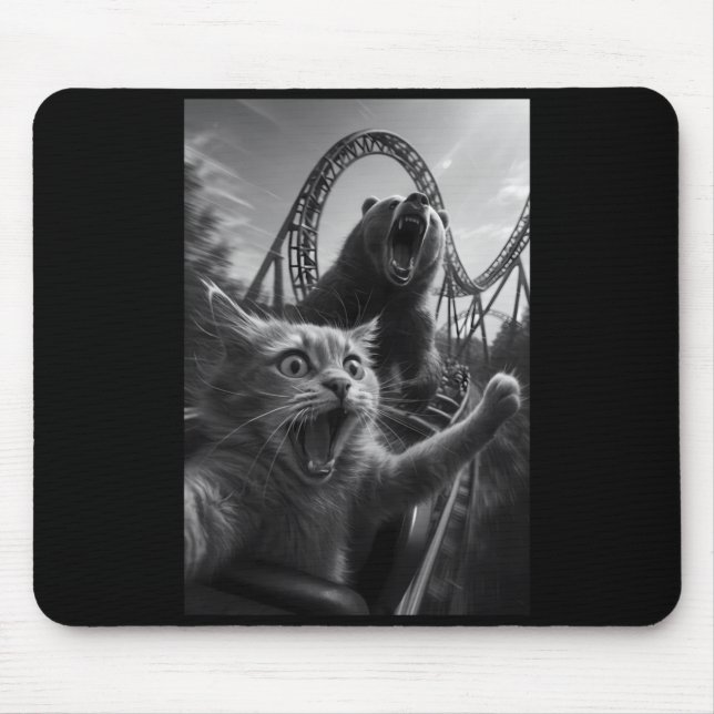 Lustiges Katzen-Selfie Top Mit Bär Achterbahn Mousepad (Vorne)