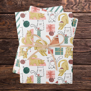 Lustiges Katzenmuster Feiertag Weihnachten Bunt Geschenkpapier Set