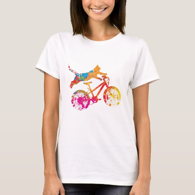 Lustiges Katzenshirt auf einem Fahrrad mit Farbe. T-Shirt (Vorderseite)