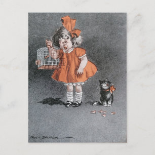 Lustiges Kind und freche Katze Vintage Antiquität Postkarte