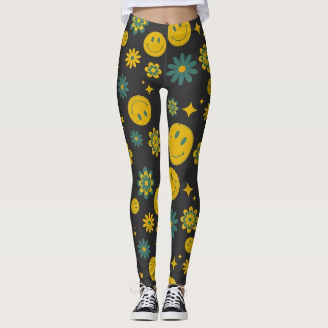 lustiges Lächeln Gesicht und grobe Blume Leggings (Vorderseite)