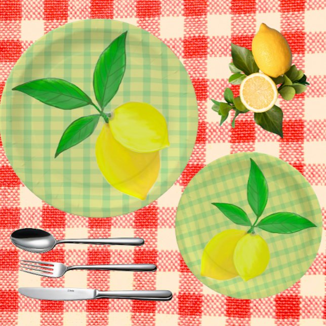 Lustiges Land Gelb Grün Karo Zitrone  Pappteller (Perfect for a summer picnic!)