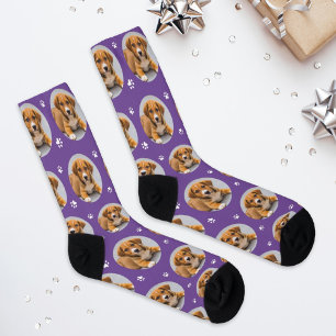 Lustiges lila benutzerdefiniertes Hunde-Foto Pfote Socken