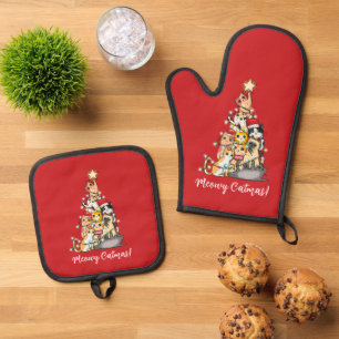 Lustiges Meowy Katmas Katzen Weihnachtsbaum Benutz Ofenhandschuh & Topflappen-Set