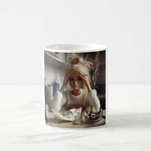 Lustiges, mitgenommenes Puppen-Gesicht Meme raucht Kaffeetasse