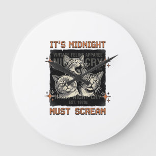 Lustiges Mitternachts-Schreien-Katzen Vintage-Shir Große Wanduhr