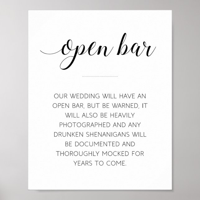 Lustiges Open-Bar-Hochzeitsschild Poster (Vorne)