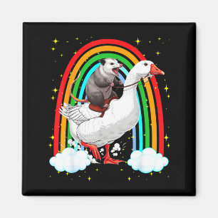 Lustiges Opossum reitet Gans Regenbogen chaotische Magnet