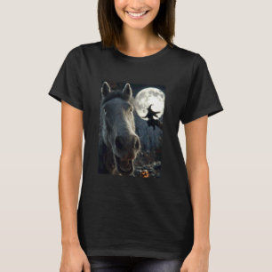 Lustiges Pferd Selfie Vollmond Fliegende Hexe Wald T-Shirt