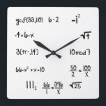 Lustiges Pop-Quiz-Mathe-Genie Quadratische Wanduhr<br><div class="desc">Lustige Mathegenie-Wanduhr.  Einfache Mathegleichungs-Wanduhr.  Pop-Quiz.  Großes Geschenk für Ihren Mathe-Zauberer.  Weiße Kreide mit Tafelhintergrund. elpgeek</div>